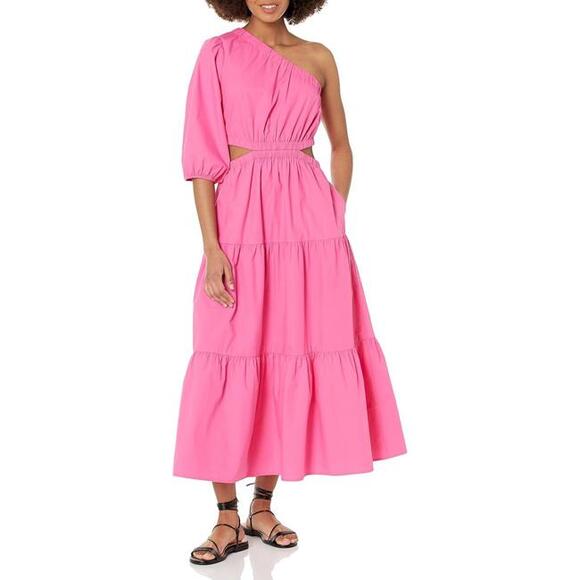 The Drop Dresses & Skirts - The Drop Women's April One-Shoulder Cutout Tiered Midi Dress, Rose Pink, Large